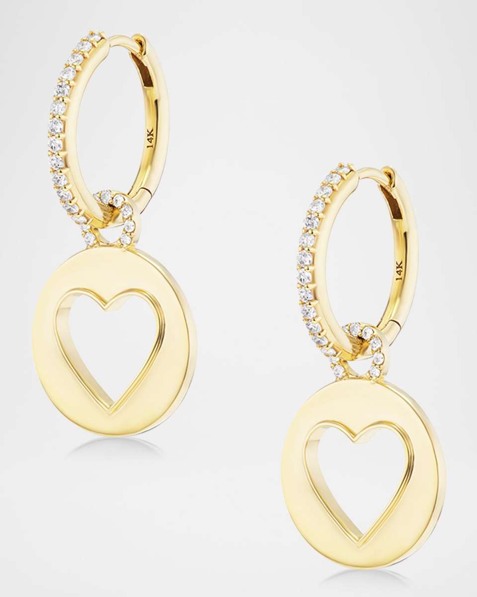 14K Yellow Gold Open Heart Charm Diamond Huggie Hoop Earrings